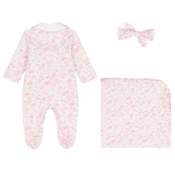 Baby Girls White & Pink Toile de Jouy Babygrow Set