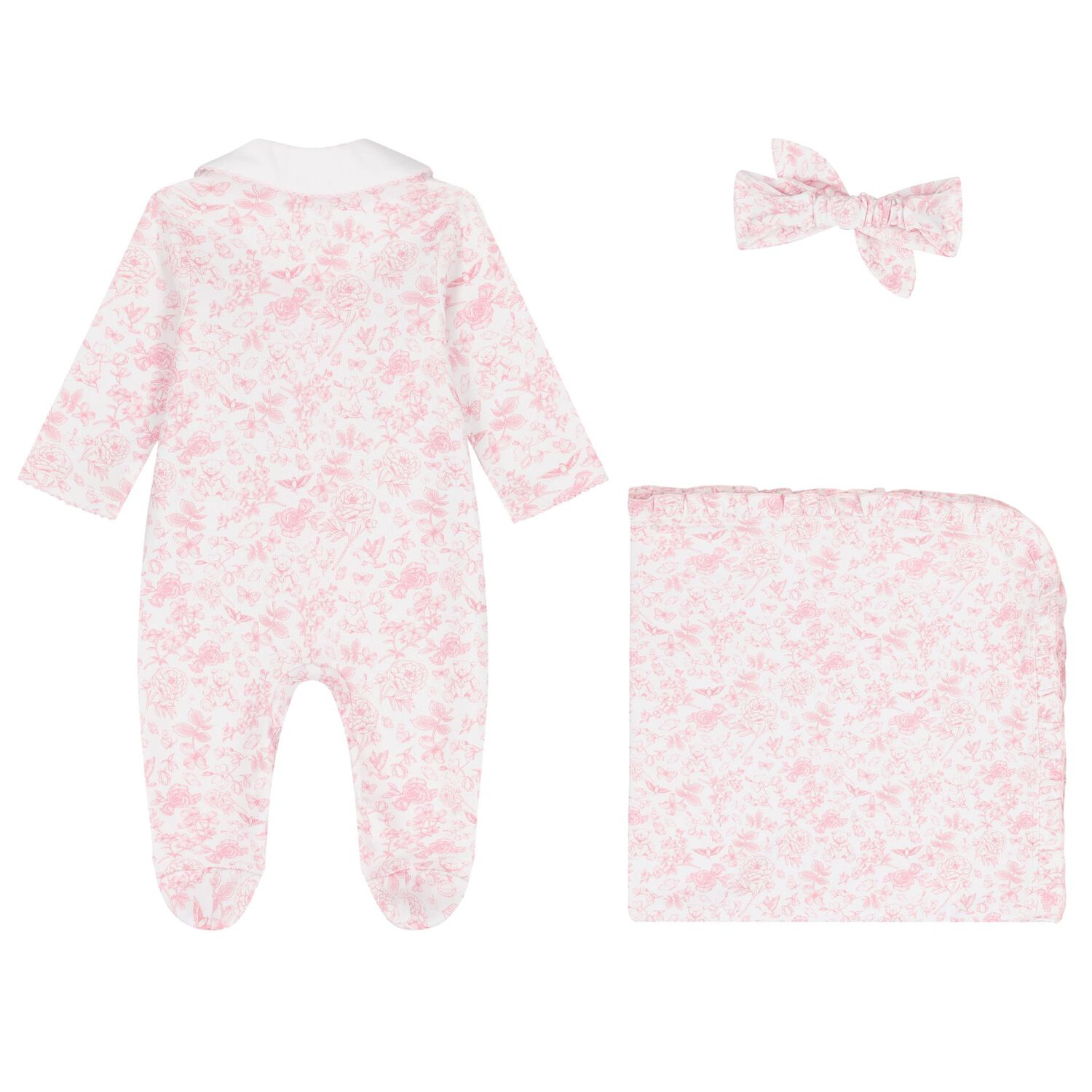 Baby Girls White & Pink Toile de Jouy Babygrow Set, 1, hi-res image number null