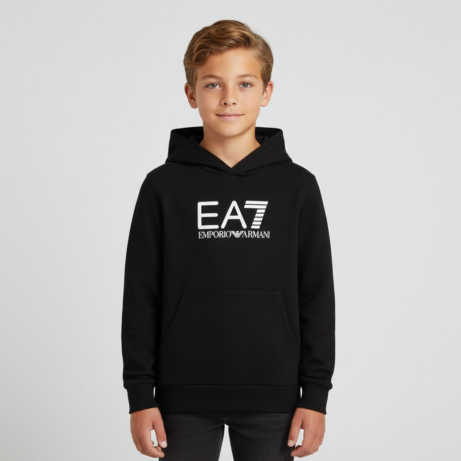 Boys Black Logo Hooded Top, 1, hi-res