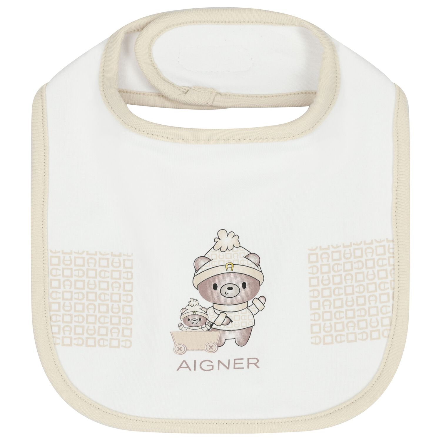 White & Beige Teddy Bear Logo Baby Bib, 1, hi-res