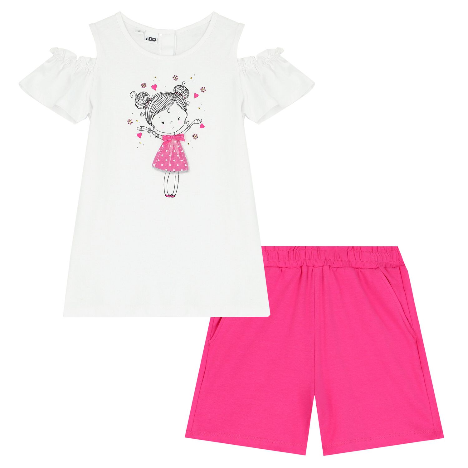 Girls White & Pink Shorts Set, 1, hi-res image number null