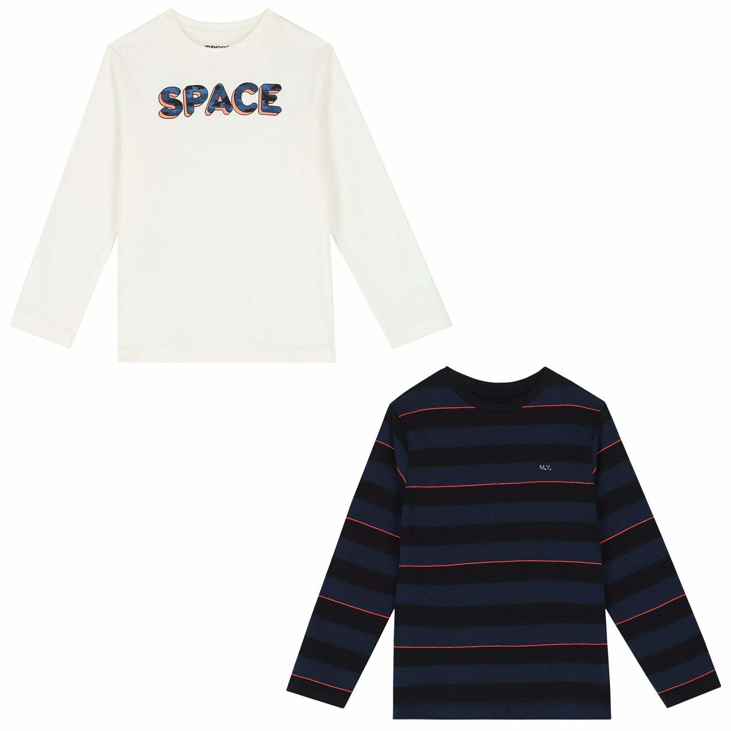 Boys Ivory & Navy Long Sleeve Tops ( 2-Pack ), 1, hi-res