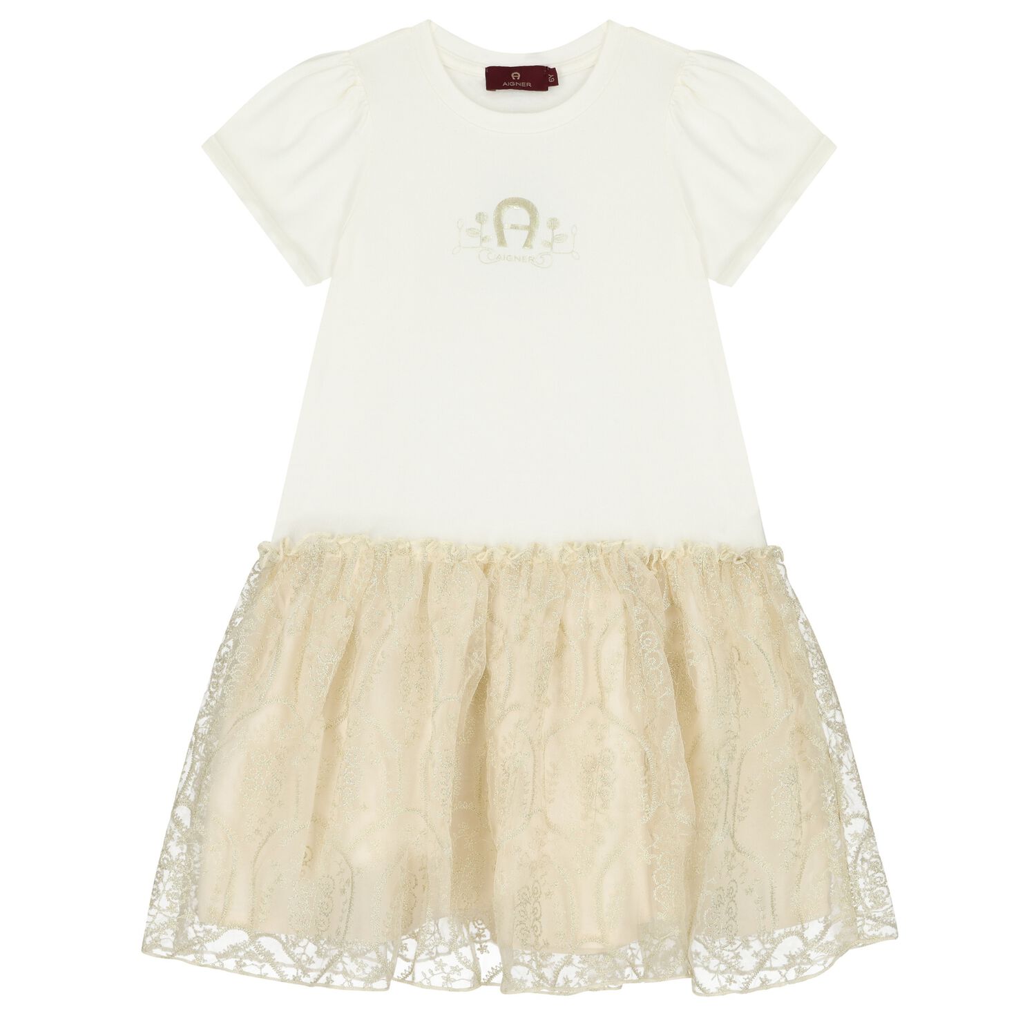 Girls Ivory & Gold Logo Dress, 1, hi-res