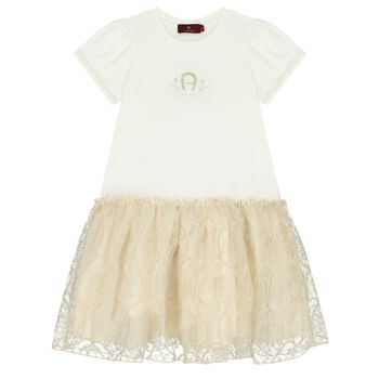 Girls Ivory & Gold Logo Dress