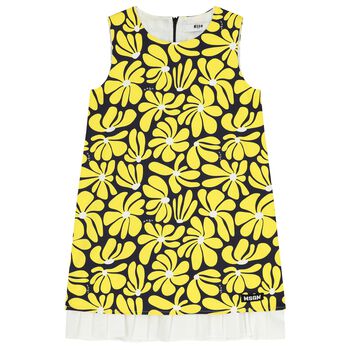 Girls Yellow & Navy Blue Floral Canvas Dress