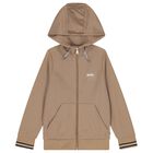 Boys Beige Logo Hooded Zip Up Top, 2, hi-res