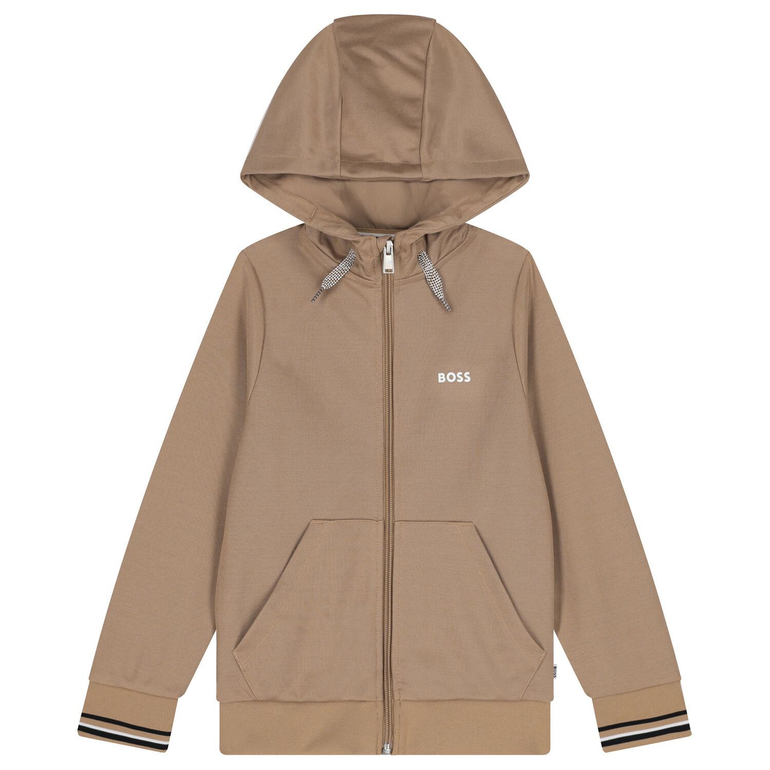 Boys Beige Logo Hooded Zip Up Top, 2, hi-res