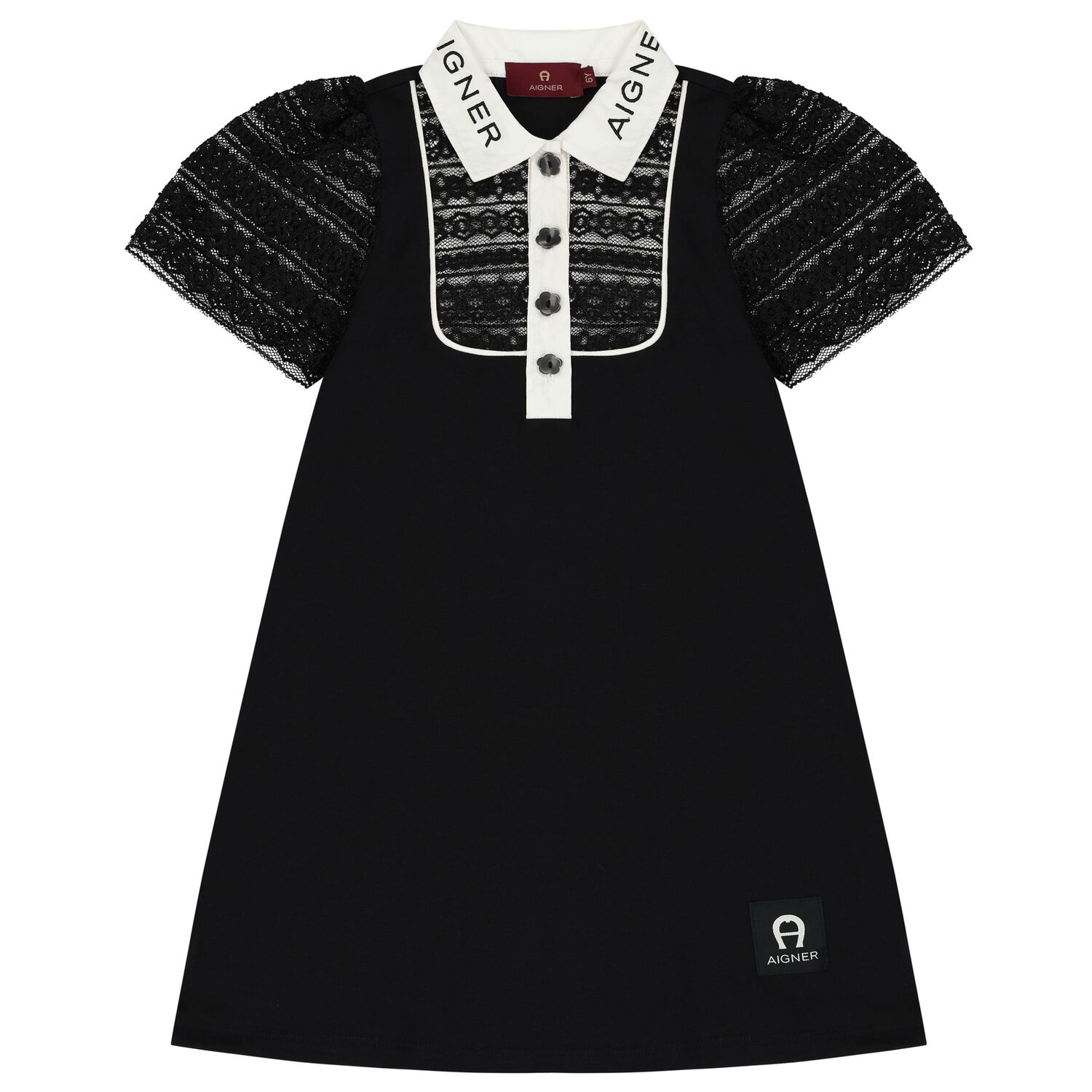 Girls Black Logo Lace Dress, 1, hi-res