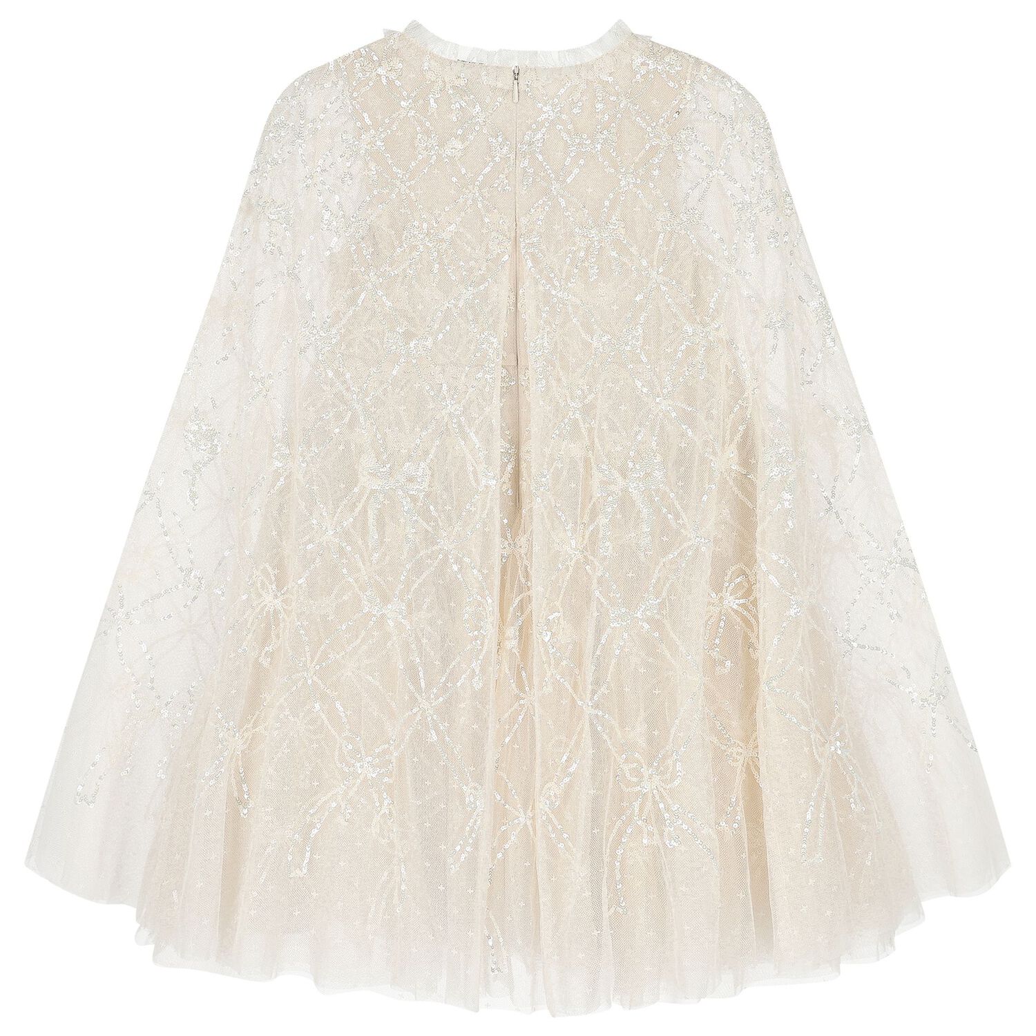 Girls Ivory Bow Lattice Sequin Cape Dress, 1, hi-res