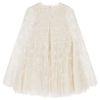 Girls Ivory Bow Lattice Sequin Cape Dress