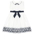 Girls White & Navy Blue Bow Dress, 1, hi-res