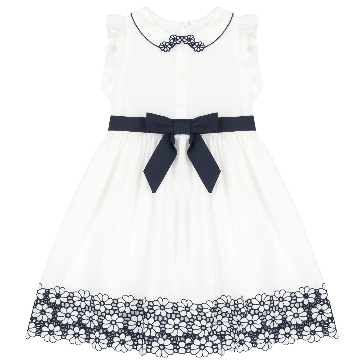 Girls White & Navy Blue Bow Dress, 1, hi-res image number null