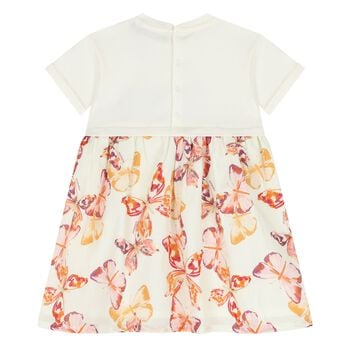 Younger Girls Ivory & Pink Butterflies Logo Dress