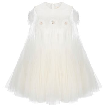 Girls White Flower Cape Tulle Dress