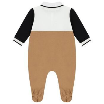 Baby Boys White & Beige Logo Babygrow