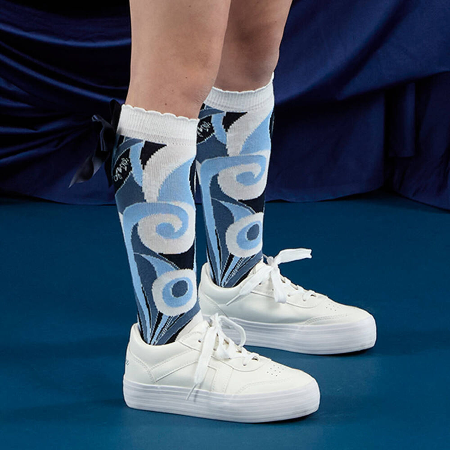 Girls Blue Satin Bow Swirl Socks, 1, hi-res