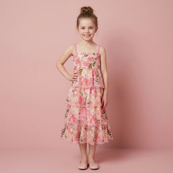 Girls Pink Floral Embroidered Tiered Dress