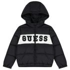 Boys Black Logo Padded Puffer Jacket, 1, hi-res
