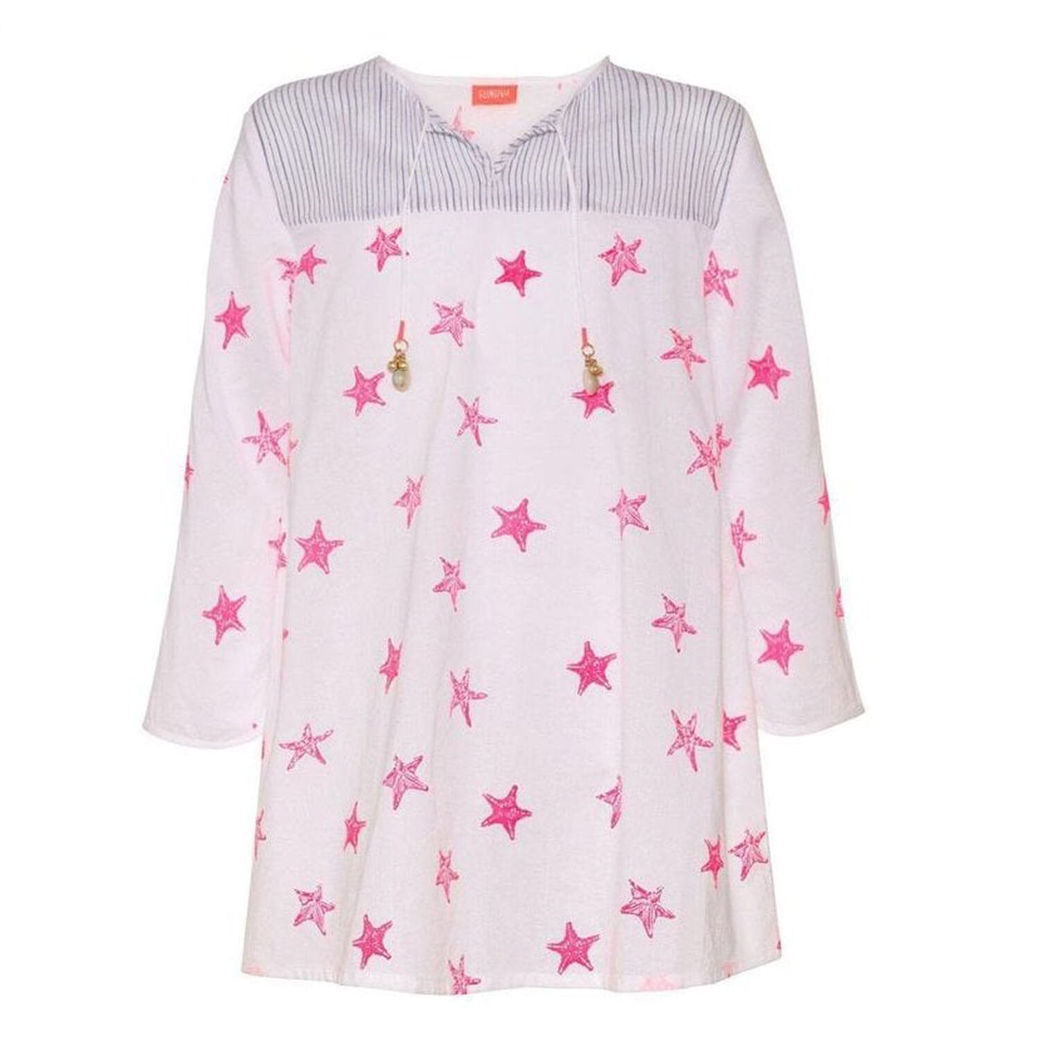 Girls White Starfish Kurta Dress, 1, hi-res