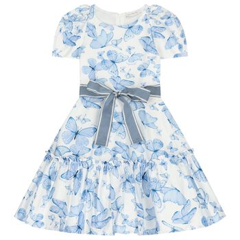 Girls White & Blue Butterfly Dress