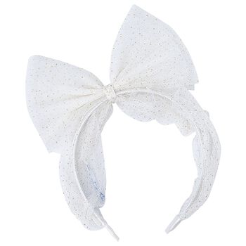 Girls White & Gold Glitter Tulle Bow Headband