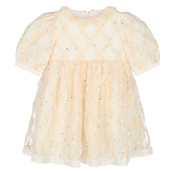 Younger Girls Ivory & Beige Embroidered Tulle Dress