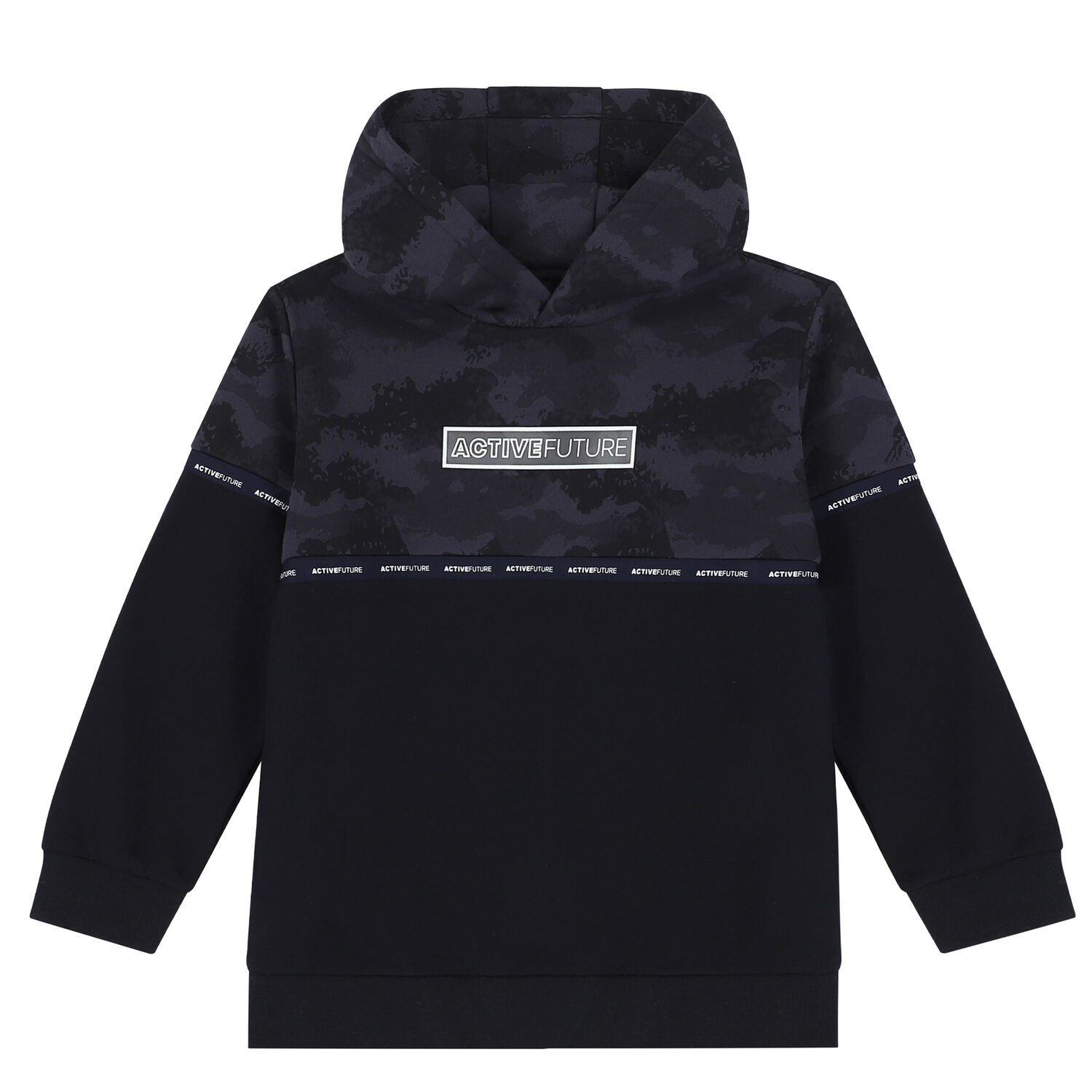 Boys Navy Camouflage Hooded Top, 1, hi-res