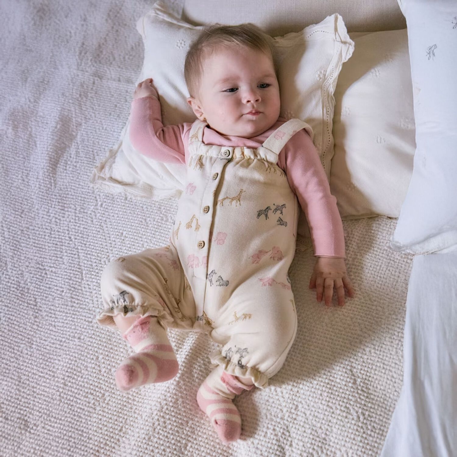 Baby Girls Ivory & Pink Animals Baby Dungaree Set, 1, hi-res