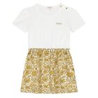 Younger Girls White & Gold Floral Dress, 1, hi-res