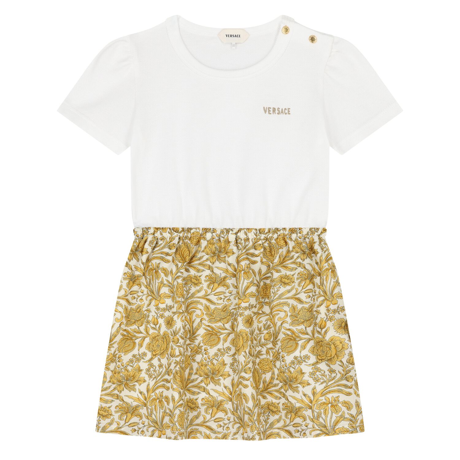 Younger Girls White & Gold Floral Dress, 1, hi-res
