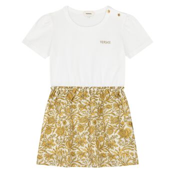 Younger Girls White & Gold Floral Dress