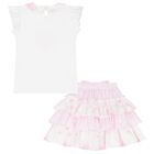 Girls White & Pink Cotton Skirt Set, 1, hi-res