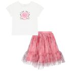 Girls White & Pink Floral Tulle Skirt Set, 1, hi-res