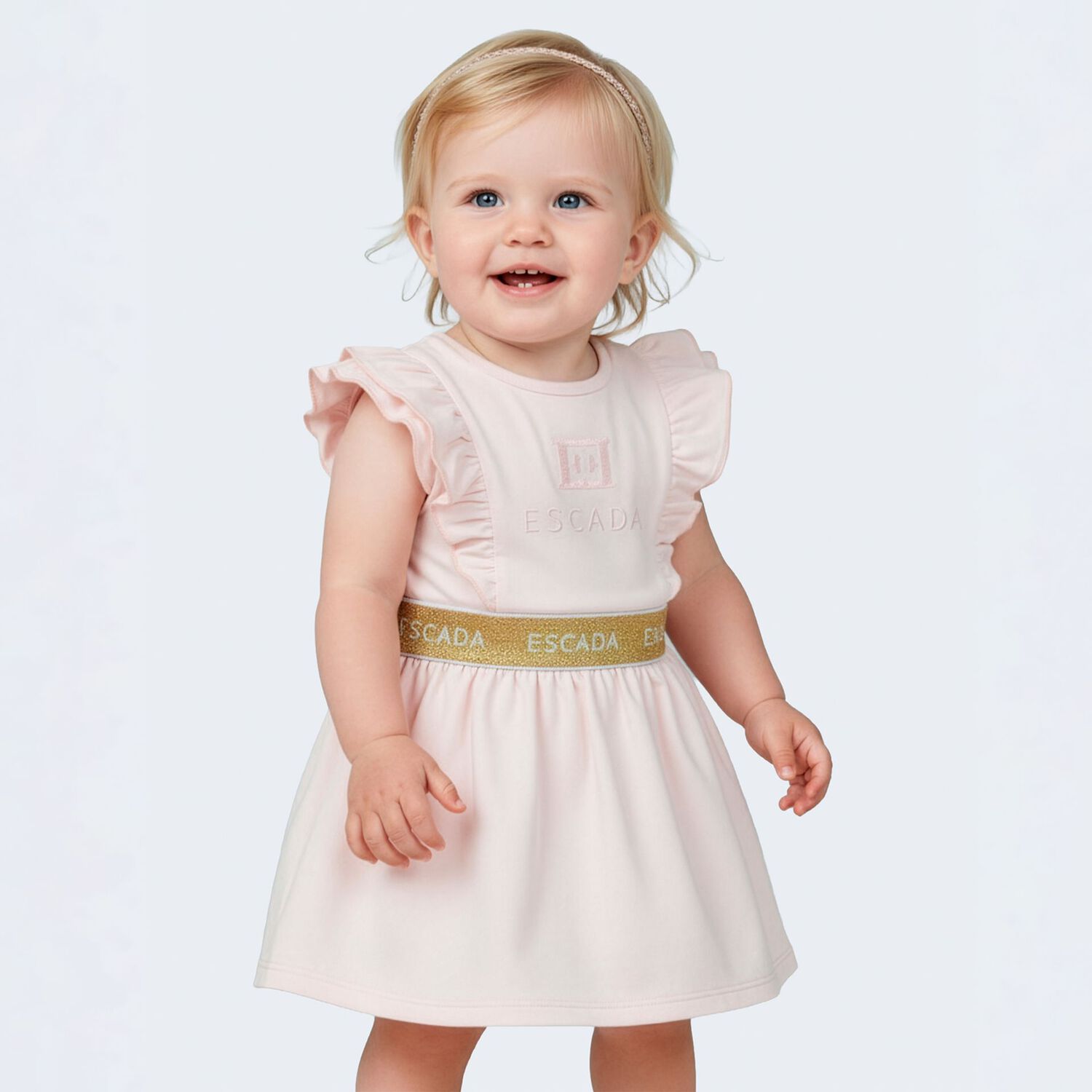 Younger Girls Pink & Gold Ruffled Logo Dress, 2, hi-res