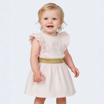 Younger Girls Pink & Gold Ruffled Logo Dress
