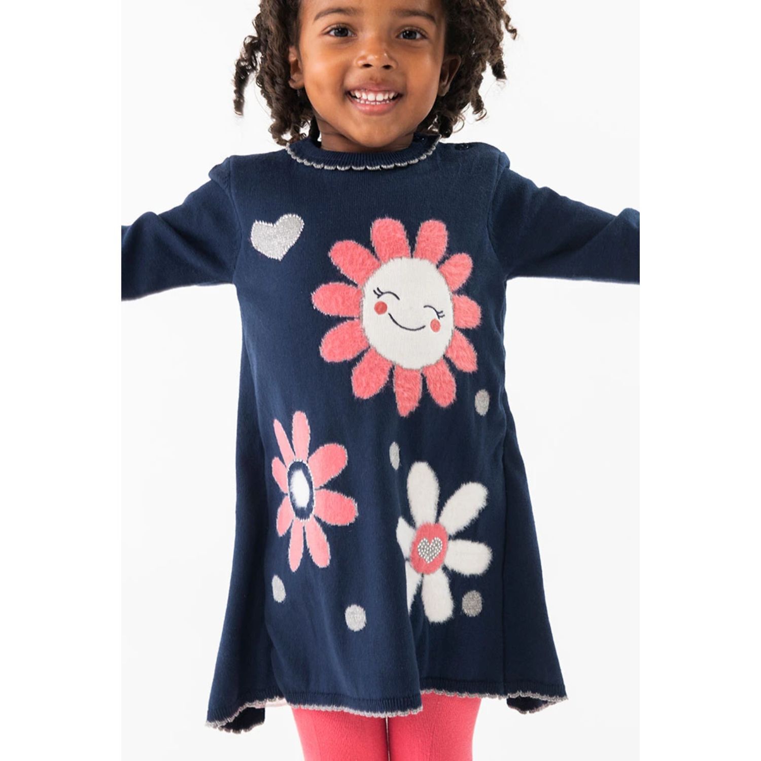 Girls Navy Blue Knit Embellished Dress, 1, hi-res image number null