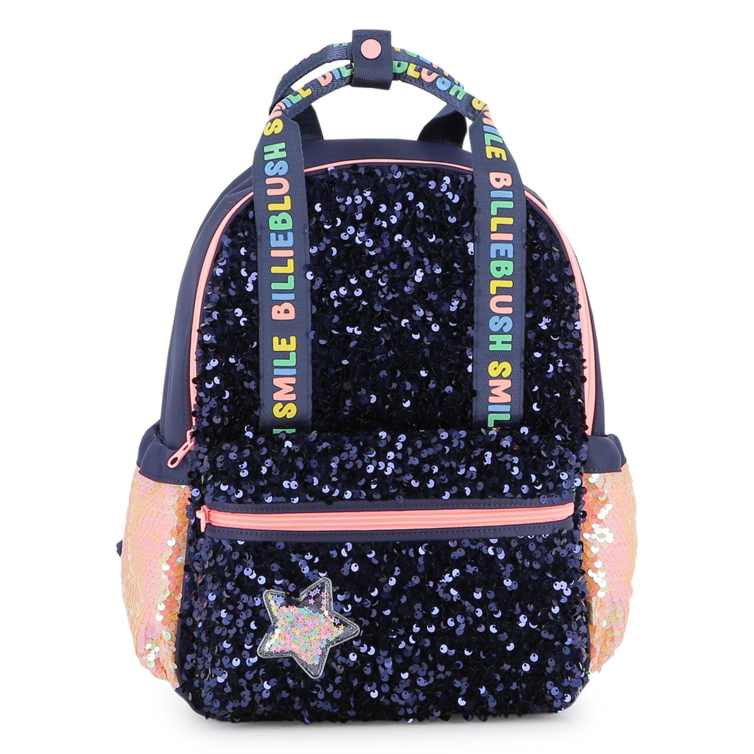 Girls Navy Blue Sequin Logo Backpack, 1, hi-res