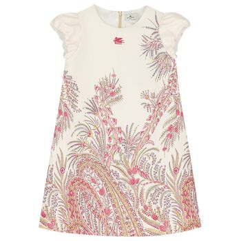 Girls Ivory & Pink Puffed Sleeve Dress