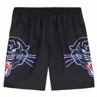 Boys Black Printed Swim Shorts, 1, hi-res