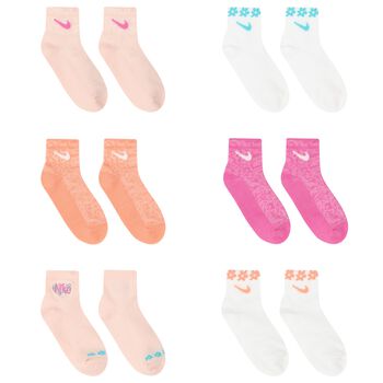 Girls White & Pink Logo Socks ( 6-Pack )
