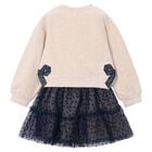 Girls Beige & Navy Blue Bow Tulle Skirt Set, 3, hi-res