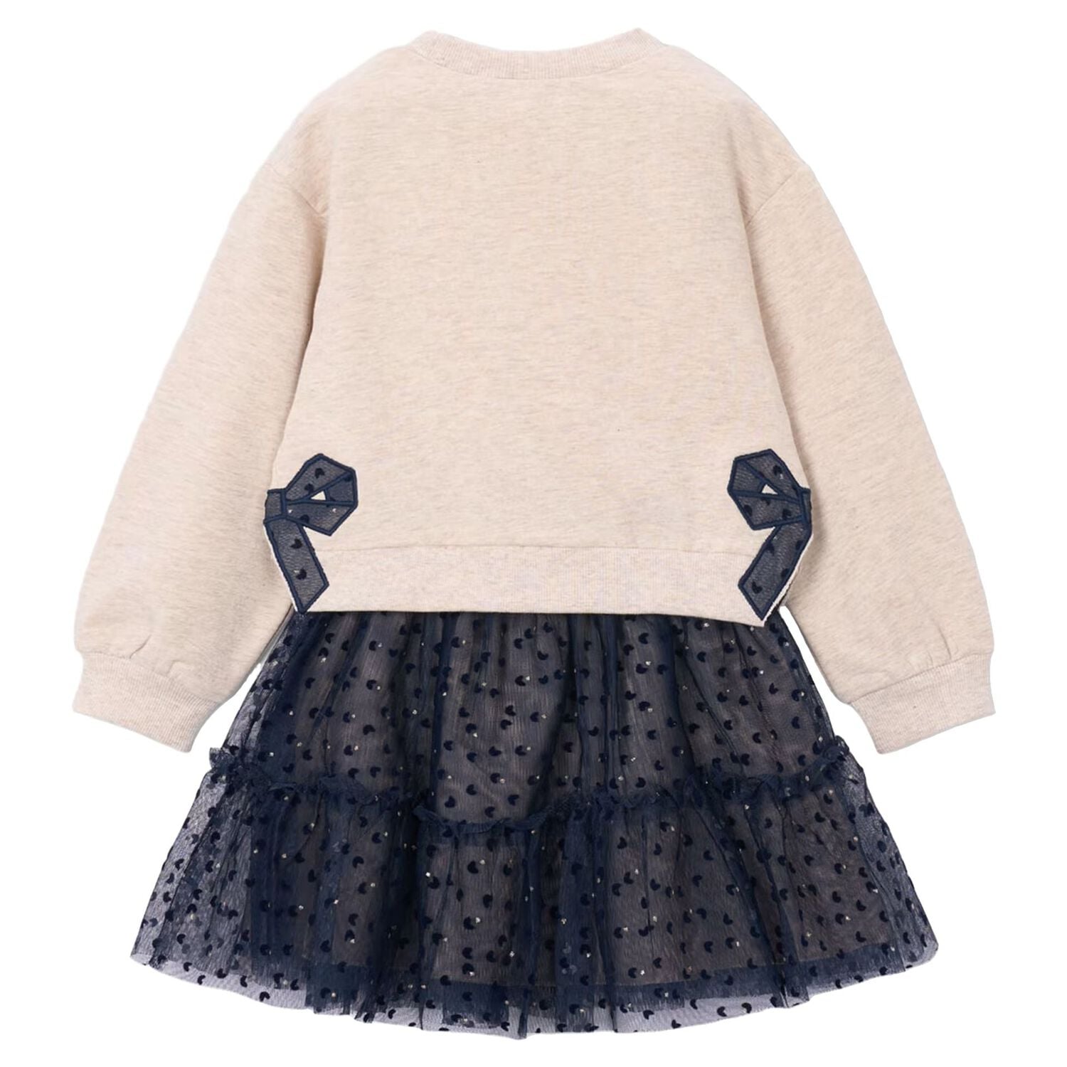 Girls Beige & Navy Blue Bow Tulle Skirt Set, 3, hi-res