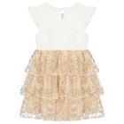 Girls Ivory & Beige Sequin Tulle Dress, 1, hi-res