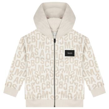 Boys White & Beige Logo Hooded Zip Up Top