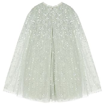Girls Green Sequin & Star Tulle Cape Dress