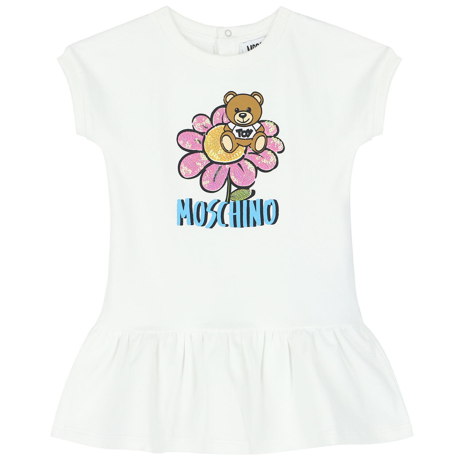 Younger Girls White Teddy Bear Logo Dress, 3, hi-res