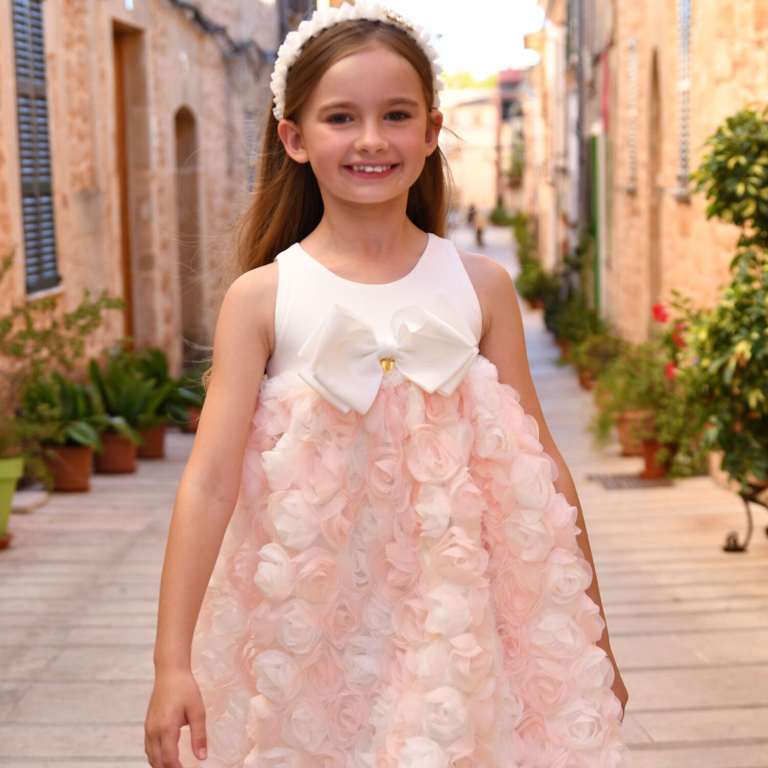 Girls Ivory & Pink Roses Tulle Dress, 1, hi-res image number null