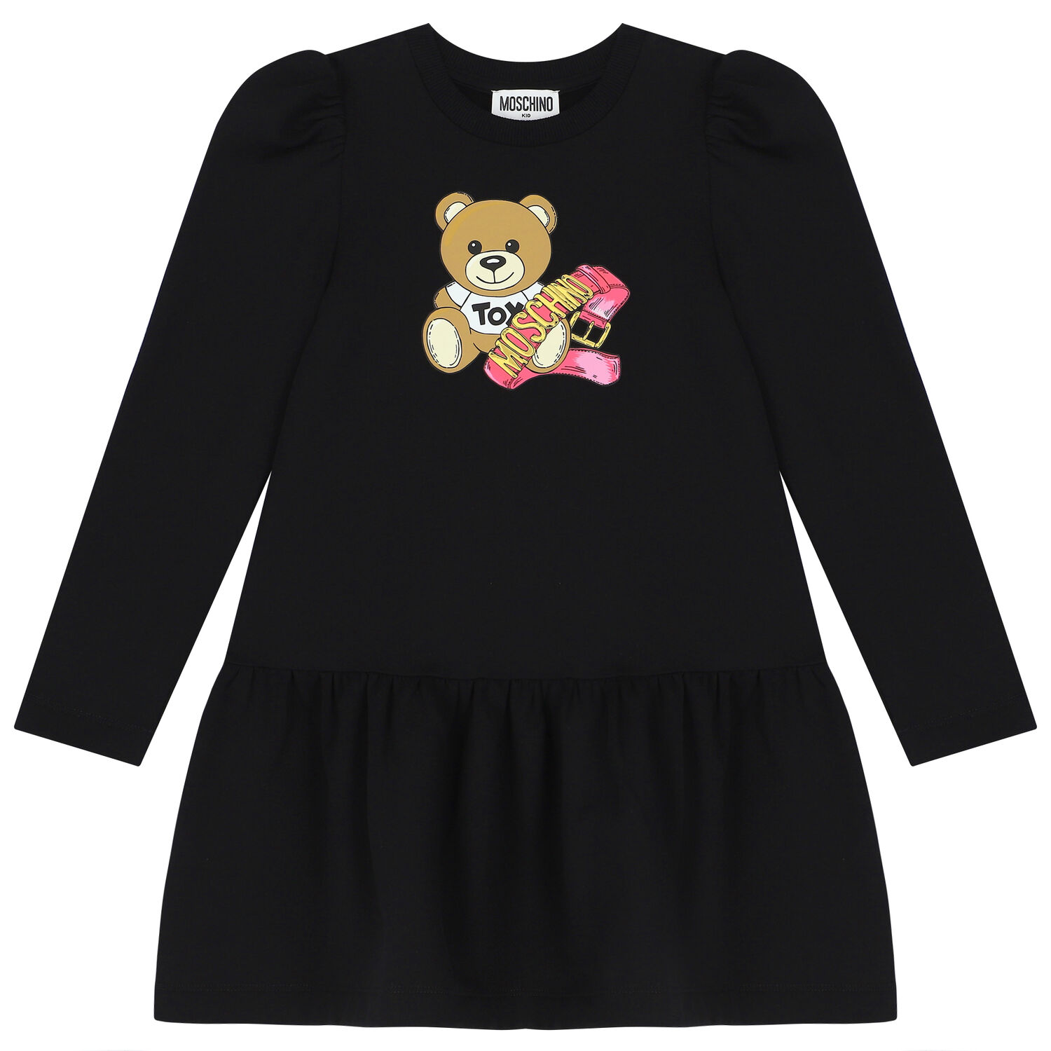 Girls Black Teddy Bear Logo Dress, 3, hi-res