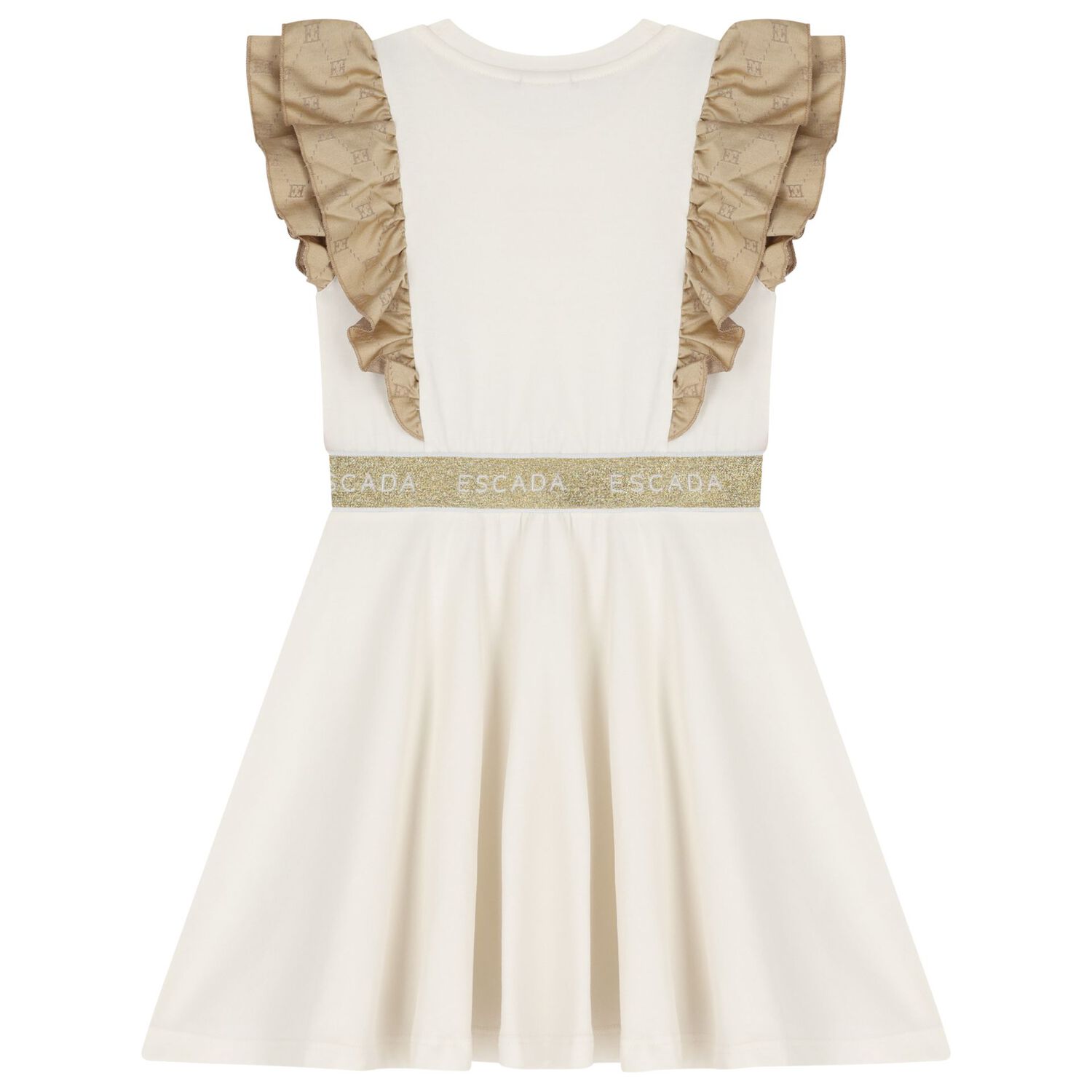 Girls Ivory & Gold Logo Ruffled Dress, 1, hi-res