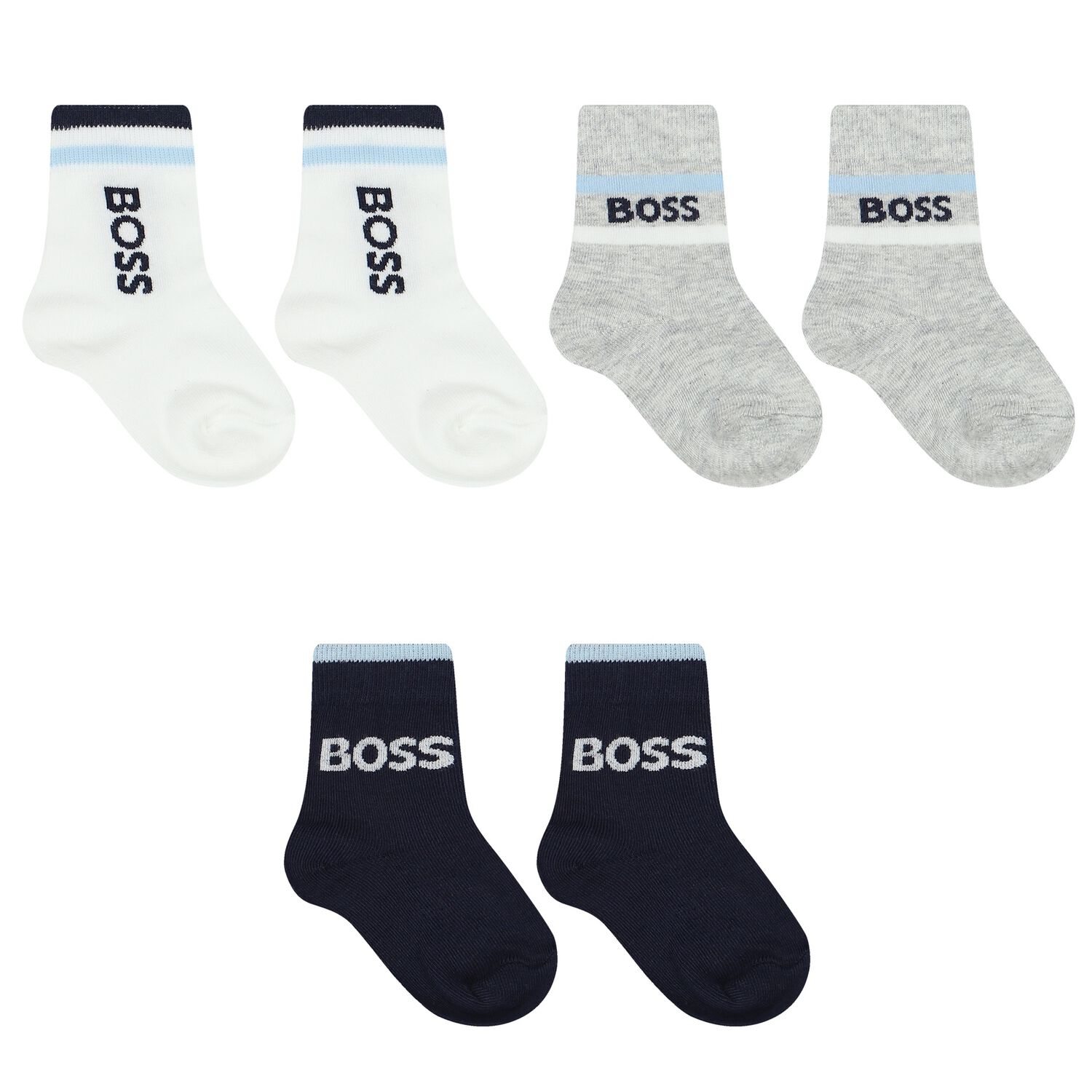 Baby Boys White, Navy Blue & Grey Logo Socks ( 3-Pack ), 2, hi-res